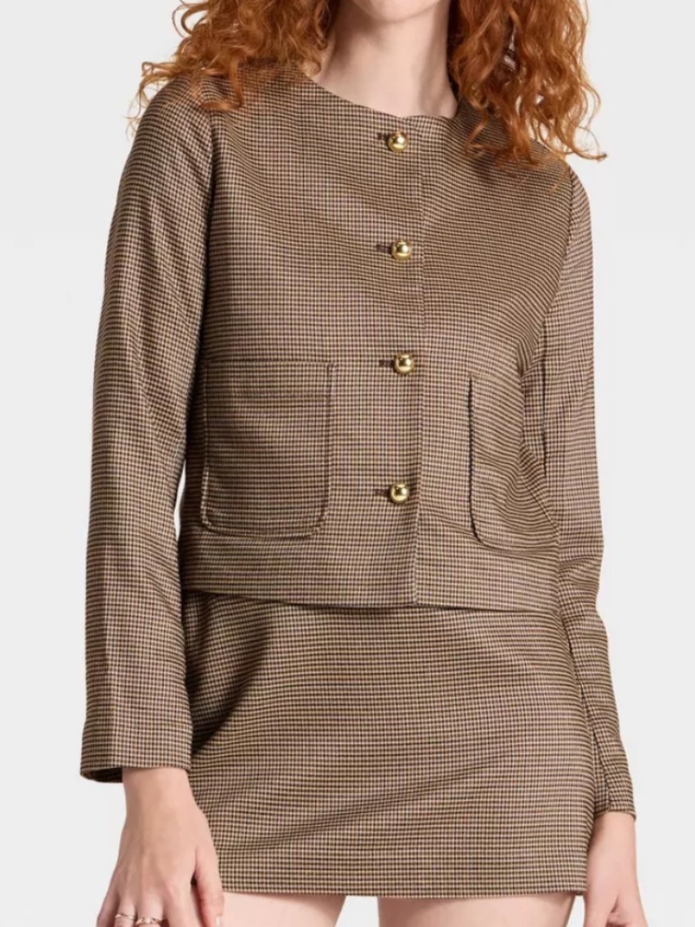 A New Day Plaid Cropped Jacket Medium Brown Check Button Front Lightweight Blaze